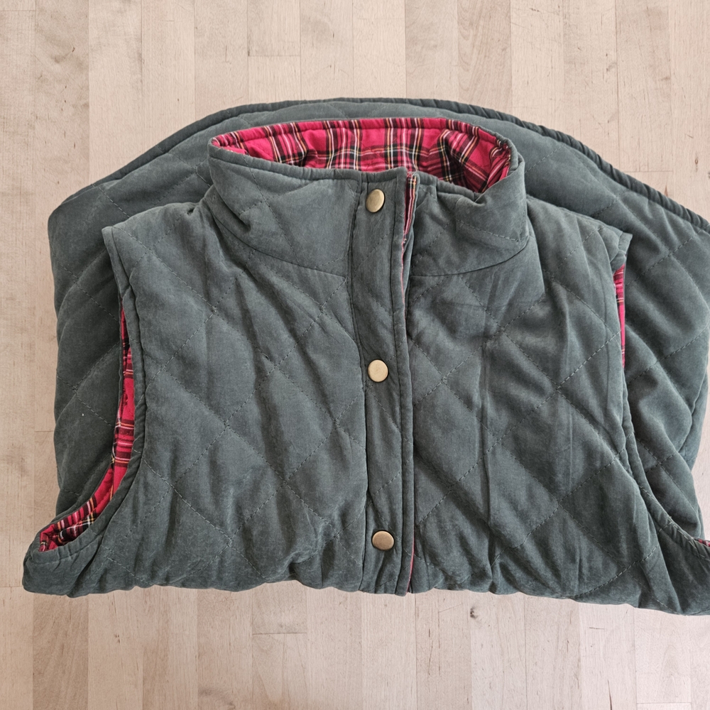 Reversible Quilted Green Vest Red Plaid Lining